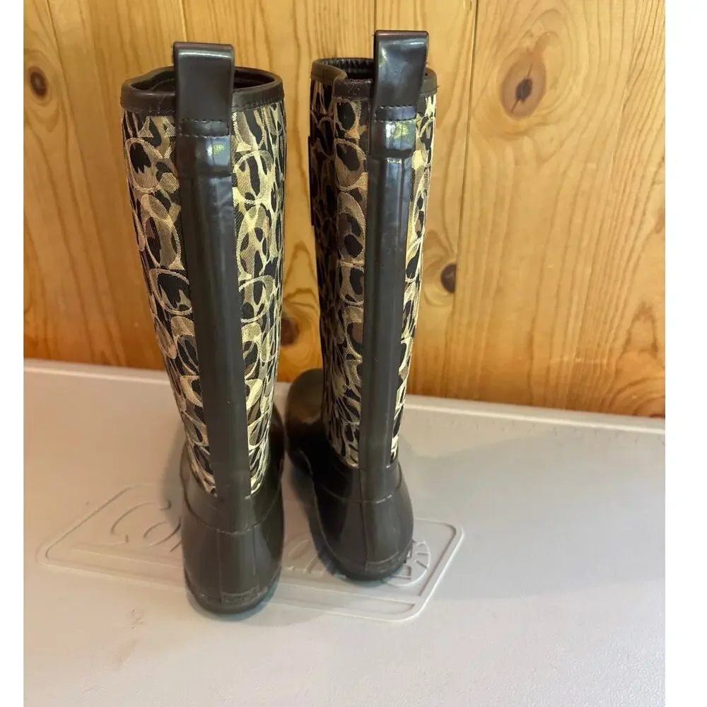Coach Pearl Rain Boots Women's 7B Brown Leopard Signature C Logo A7513